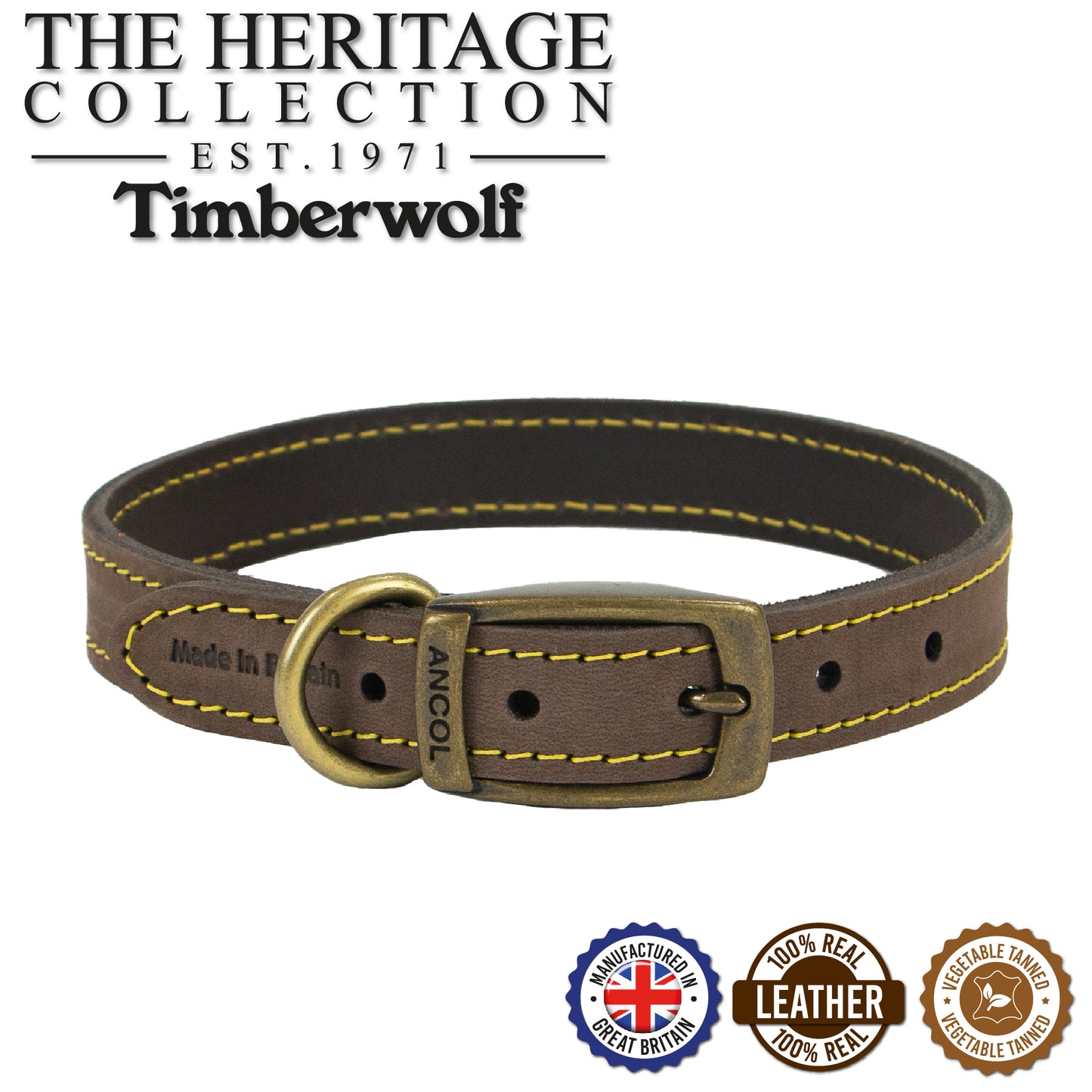 Ancol Dog Collar Timberwolf Leather, Sable (Brown), Mustard, Blue